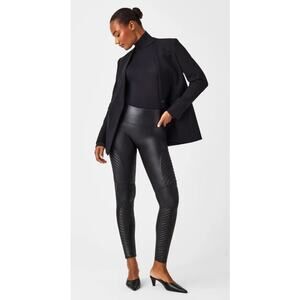 SPANX Faux Leather Moto Leggings Very Black – Size L – Power Waistband EUC